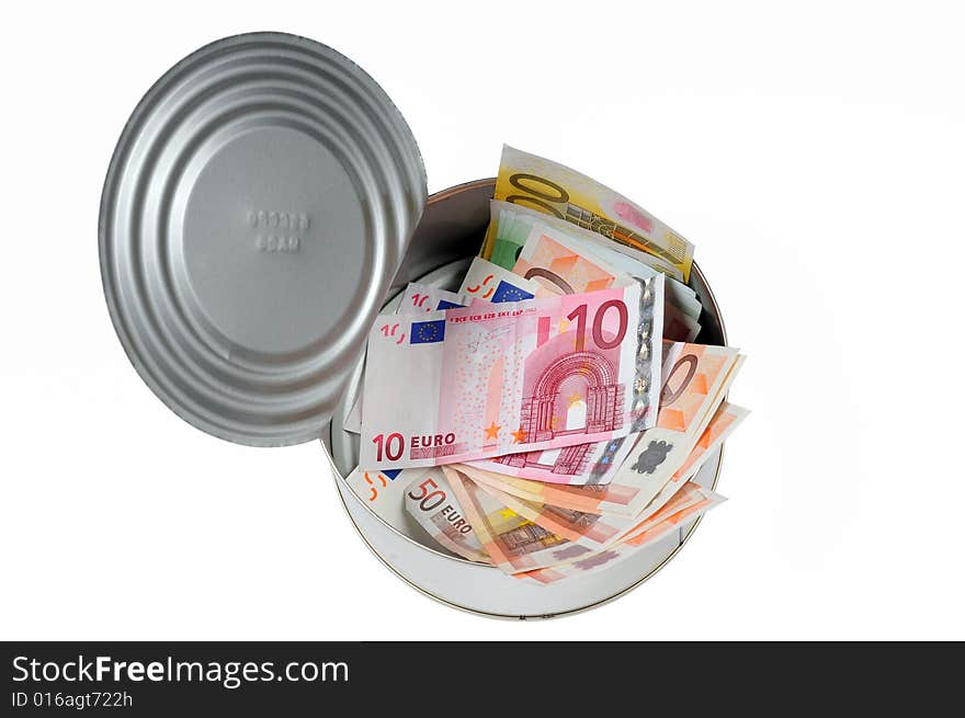 Paper money in open metal can, image with clipping path. Paper money in open metal can, image with clipping path