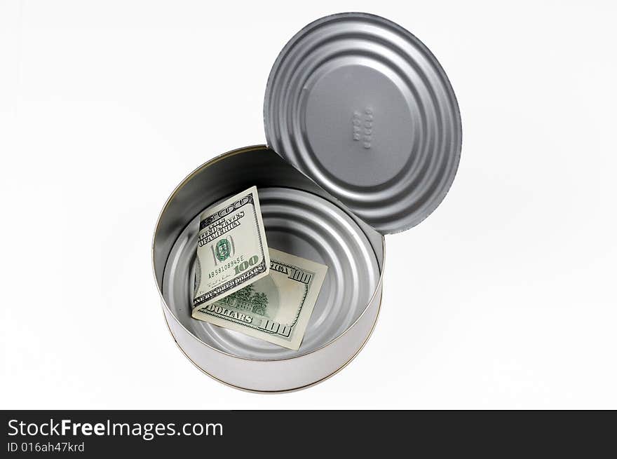 Paper money in open metal can, image with clipping path. Paper money in open metal can, image with clipping path