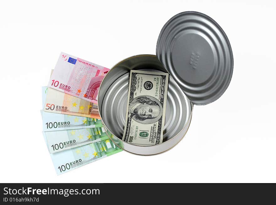 Paper money in open metal can, image with clipping path. Paper money in open metal can, image with clipping path