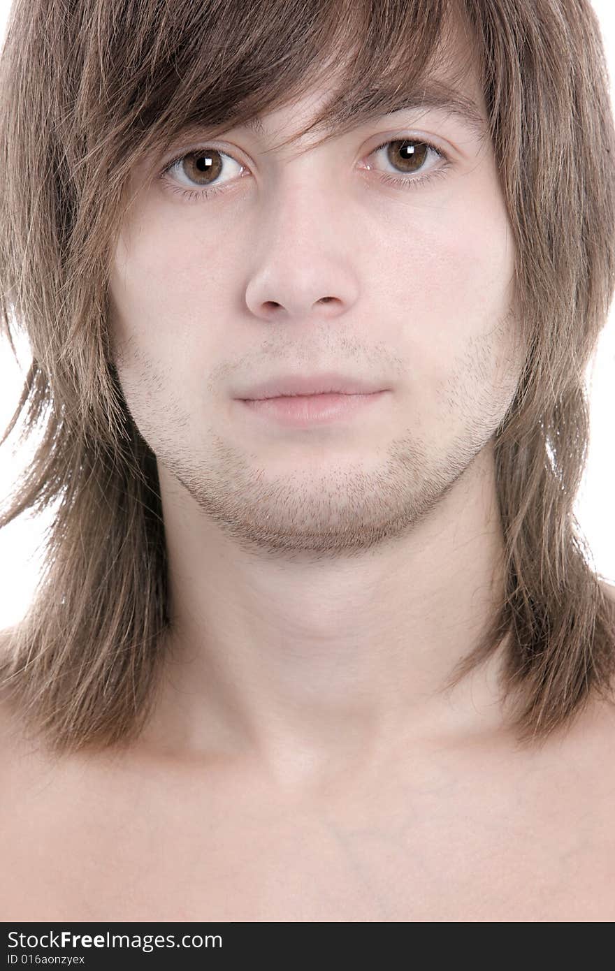 Close-up male portrait over white