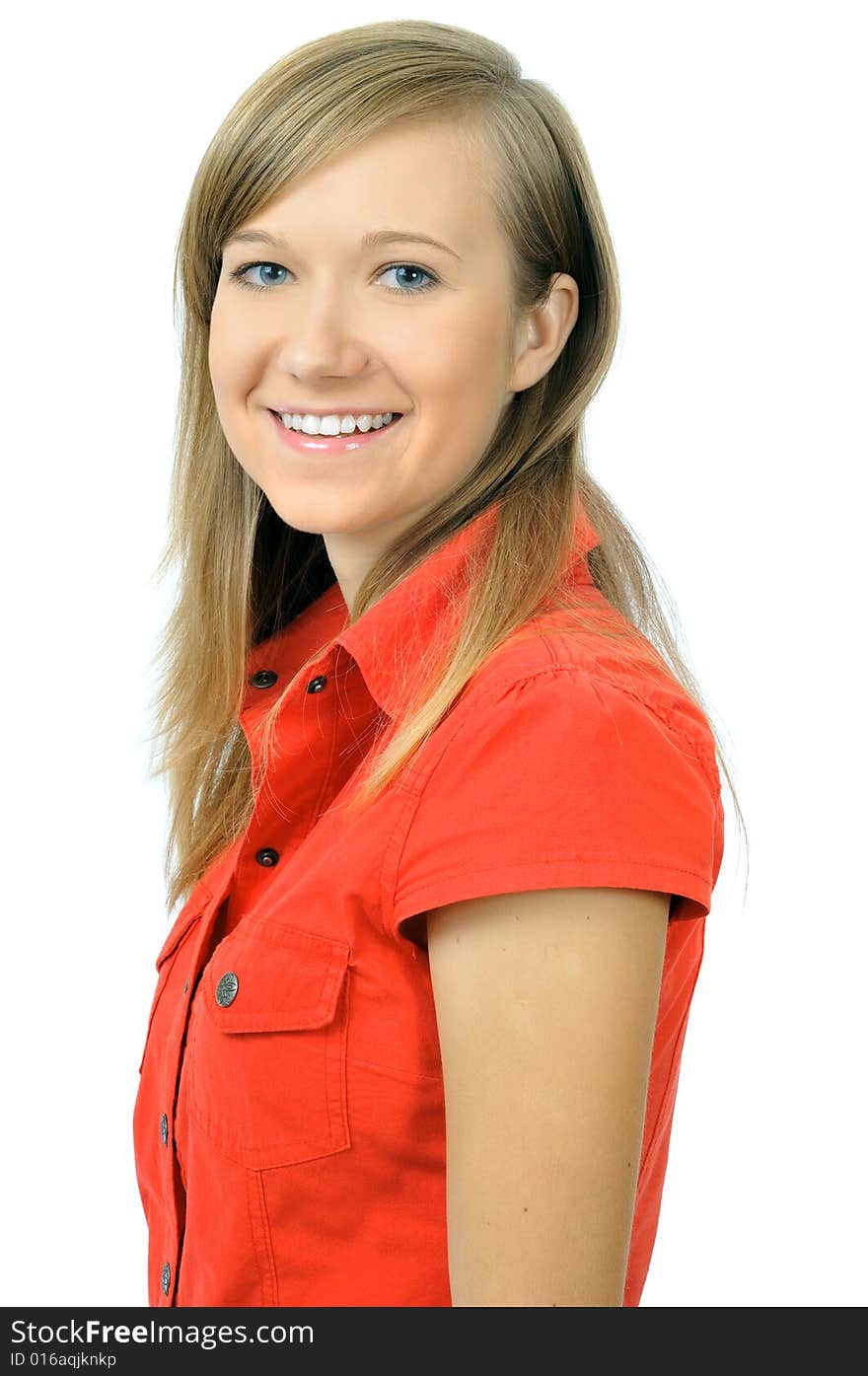 Pretty smiling young girl in red shirt