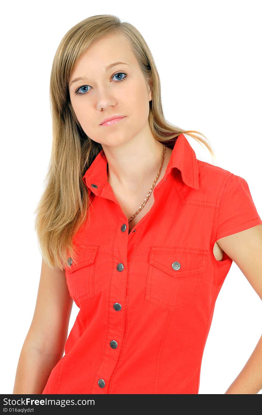 Portrait Of Pretty Young Girl In Red Shirt