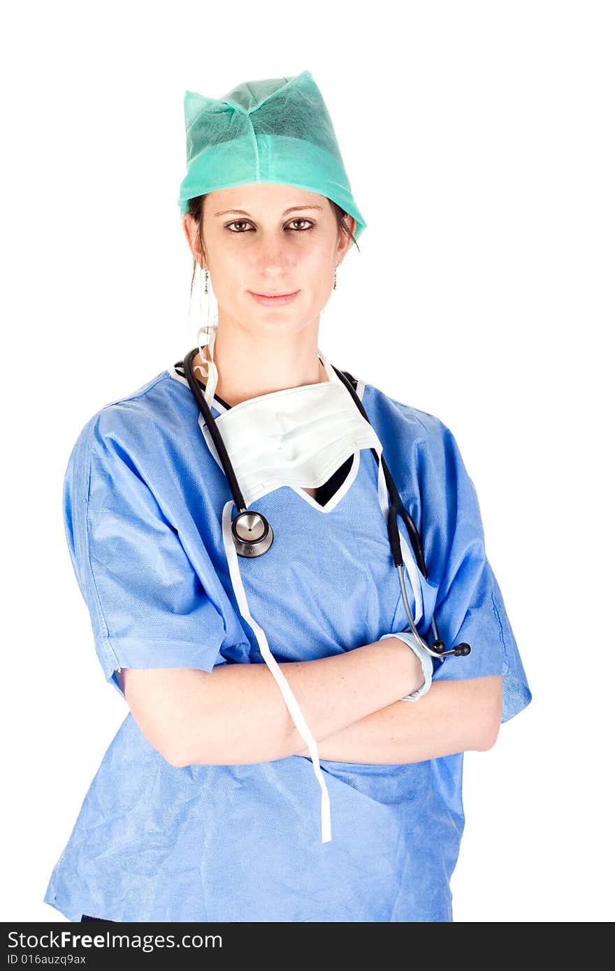 Attractive female nurse in scrubs with stethoscope against white background, isolated