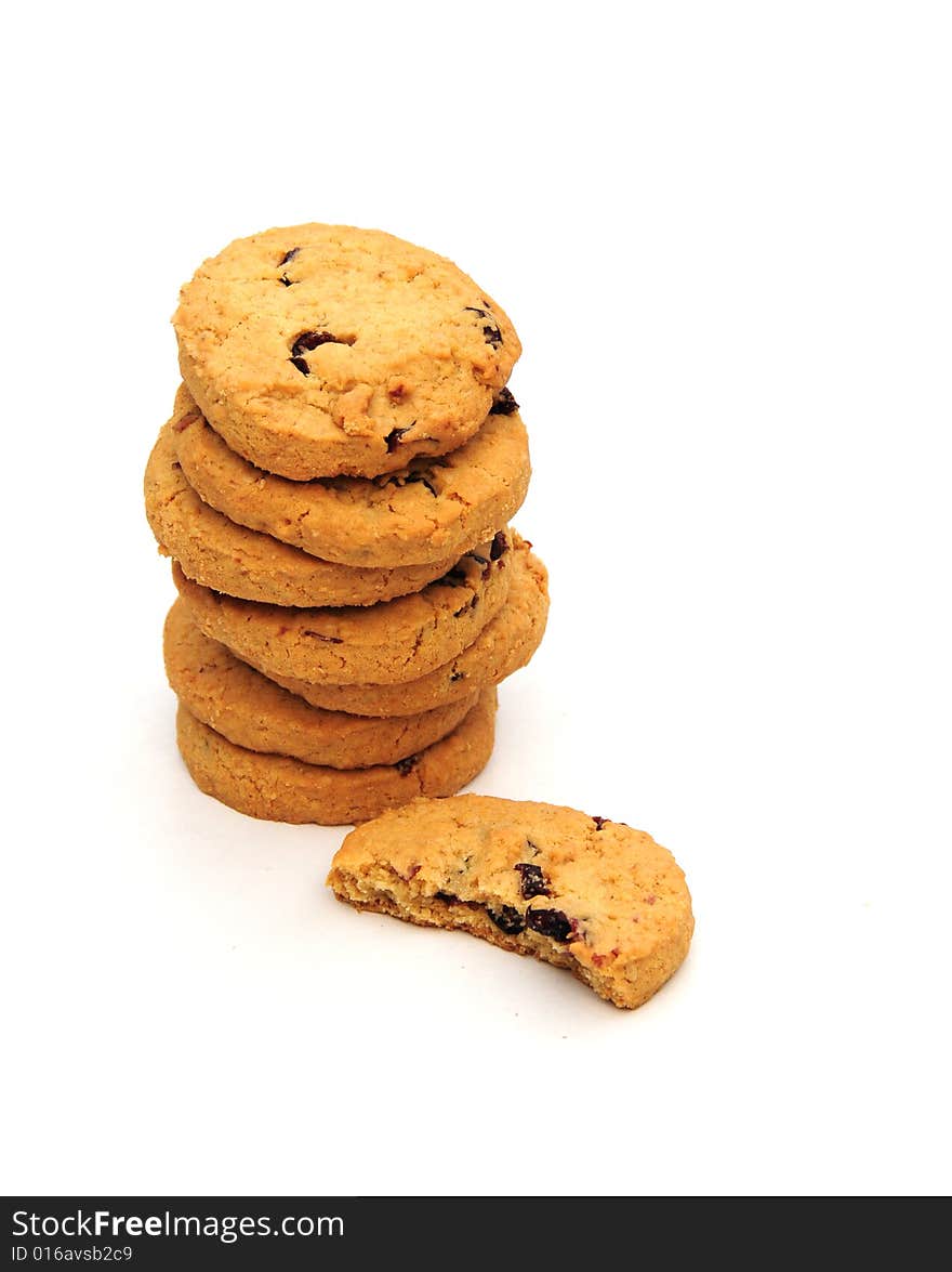 A shot of some fruity biscuits on a white background