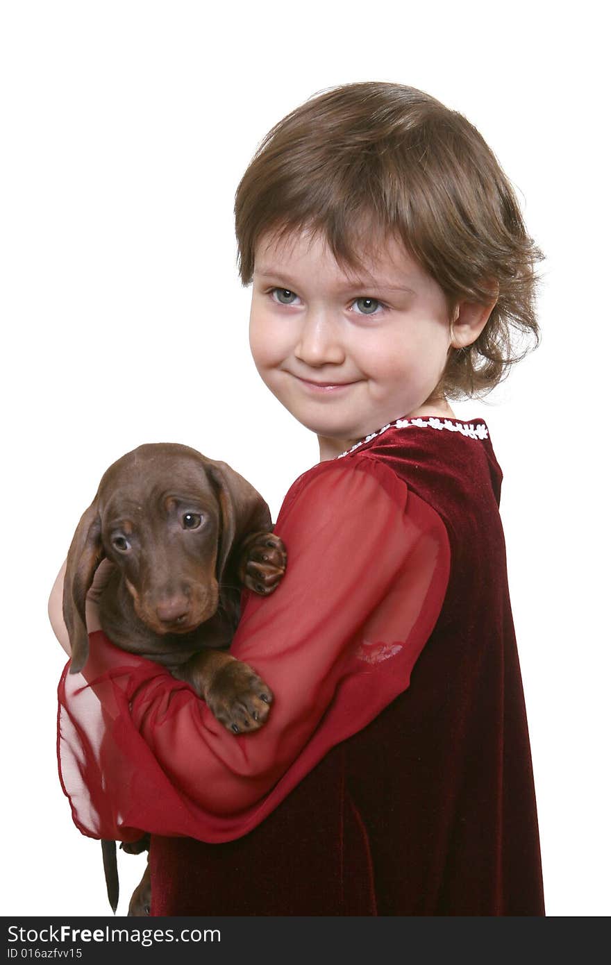 Little girl with dachshund puppy on white ground