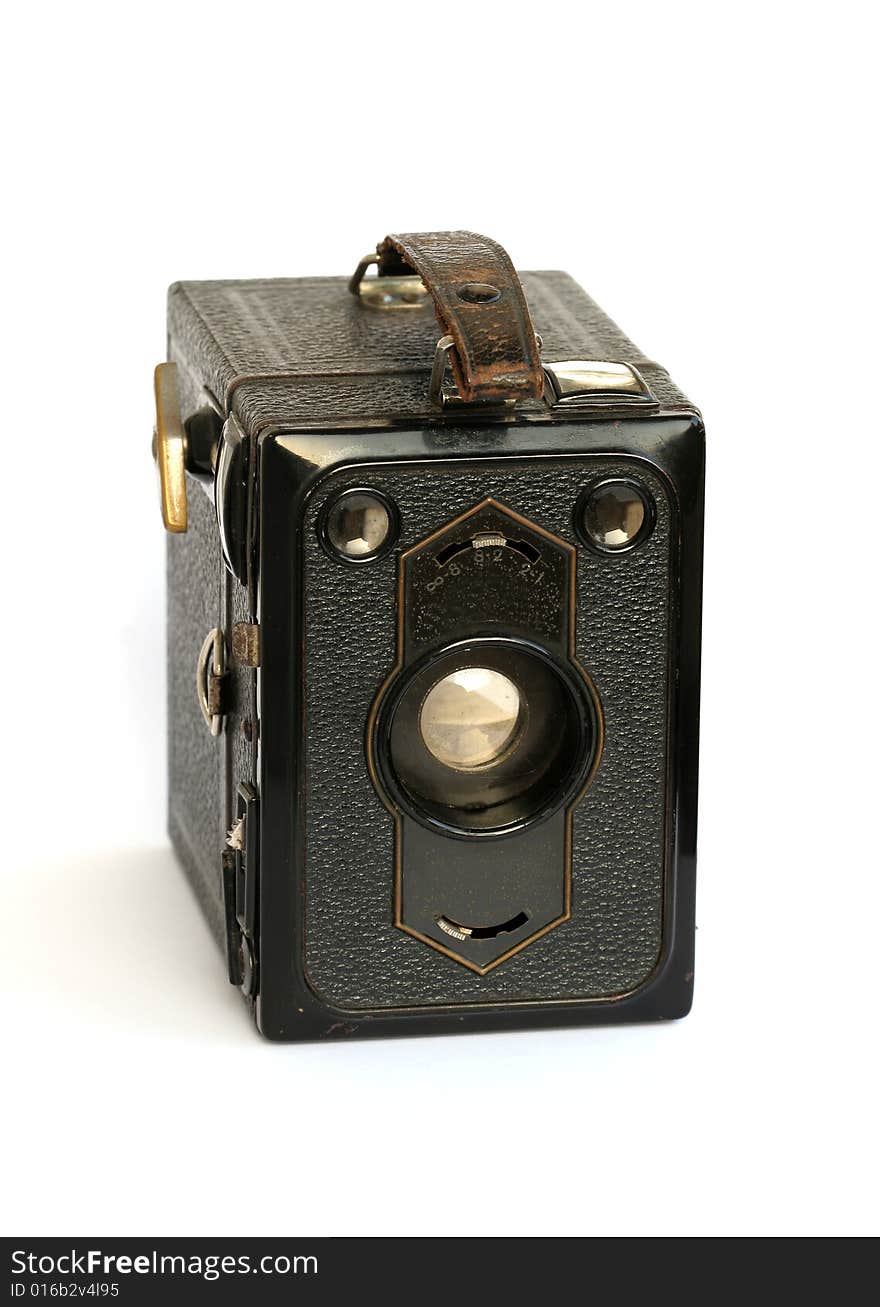 Old analog camera on white background. Old analog camera on white background