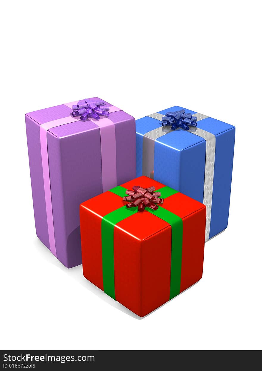 3 colourful gift boxes isolated against white. 3 colourful gift boxes isolated against white.