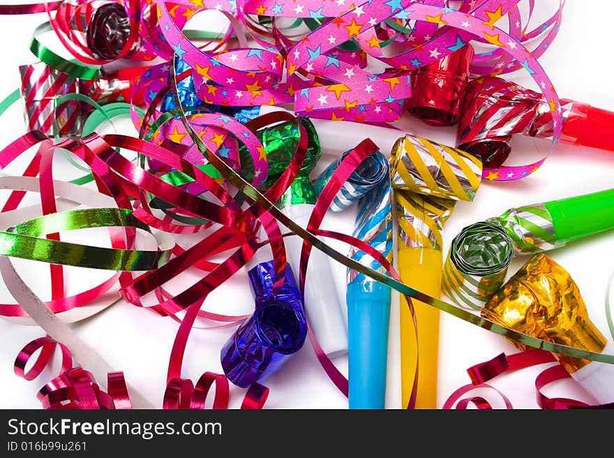 Party blowers on white background