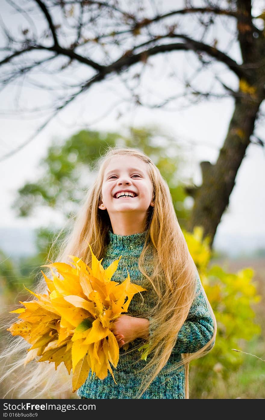 Funny little girl holding autumn leaves. Funny little girl holding autumn leaves