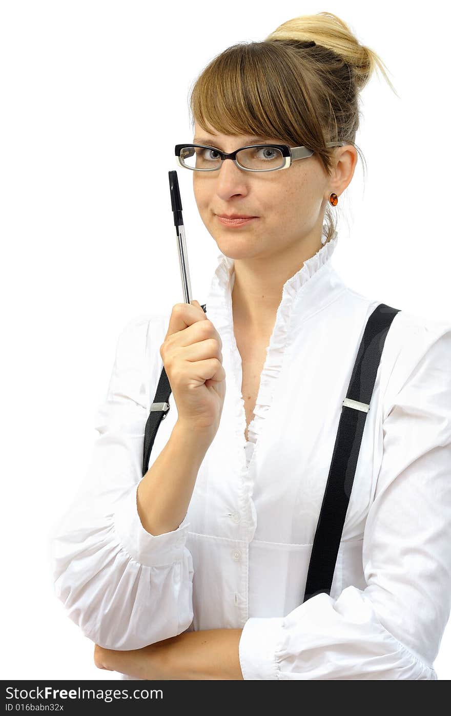 Smiling businesswoman with pen, isolated on white. Smiling businesswoman with pen, isolated on white