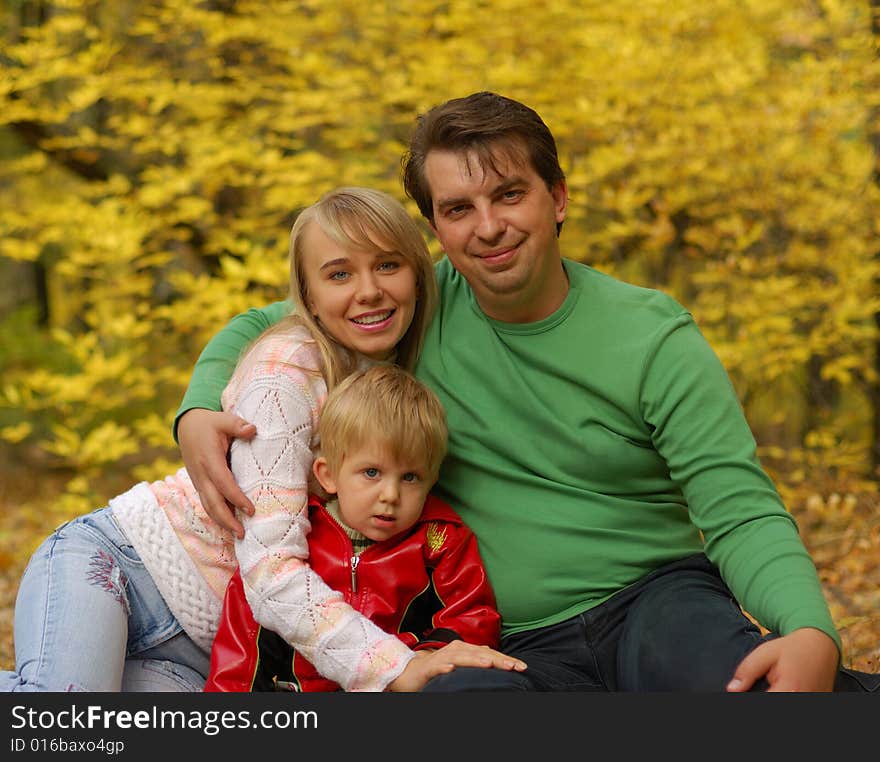 Family. Mum, the daddy, the son in autumn forest. Effective blur a background. Family. Mum, the daddy, the son in autumn forest. Effective blur a background