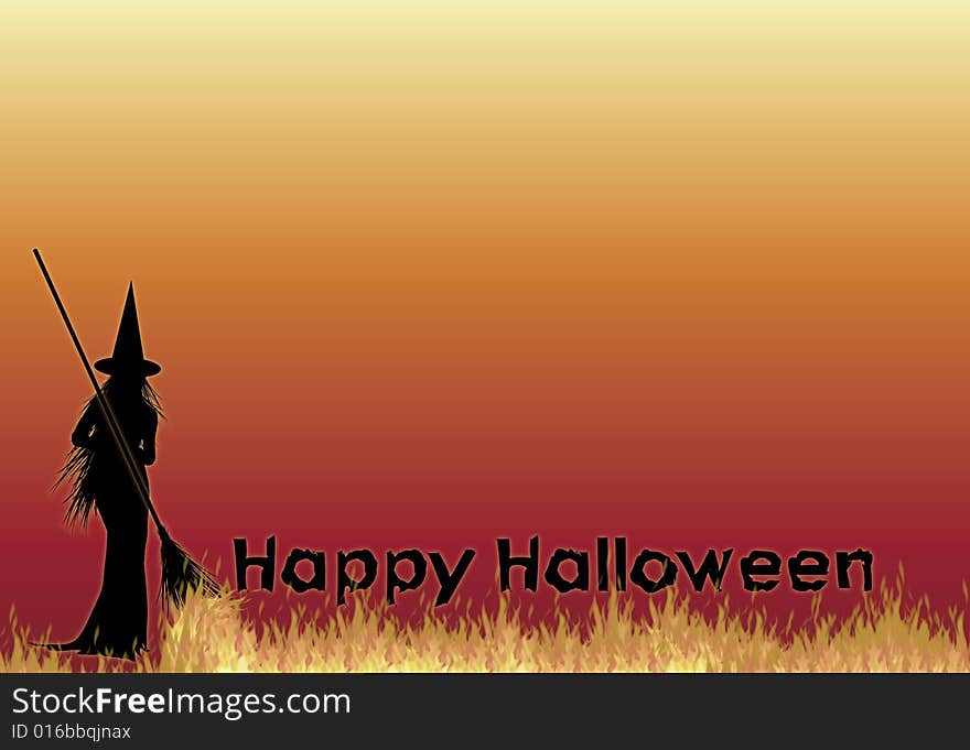 Silhouette of witch with Happy Halloween on fire background. Silhouette of witch with Happy Halloween on fire background