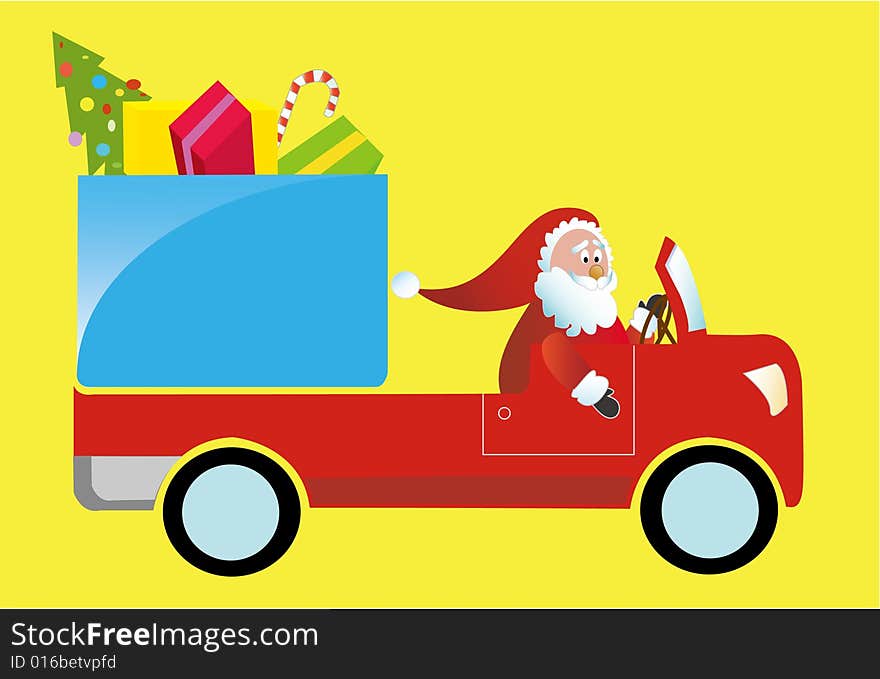 Santa Claus driving a gift truck in yellow background. Santa Claus driving a gift truck in yellow background