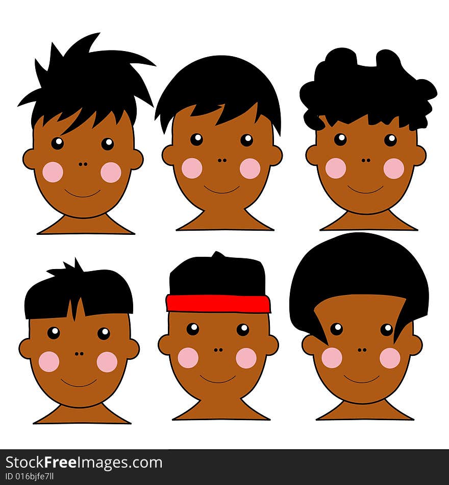 Series of 6 Cute African Kids Vector Illustration With Different Hairstyles