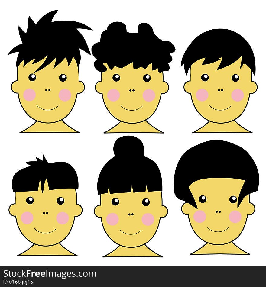 Series of 6 Cute Asian Kids Vector Illustration With DIfferent Hairstyles