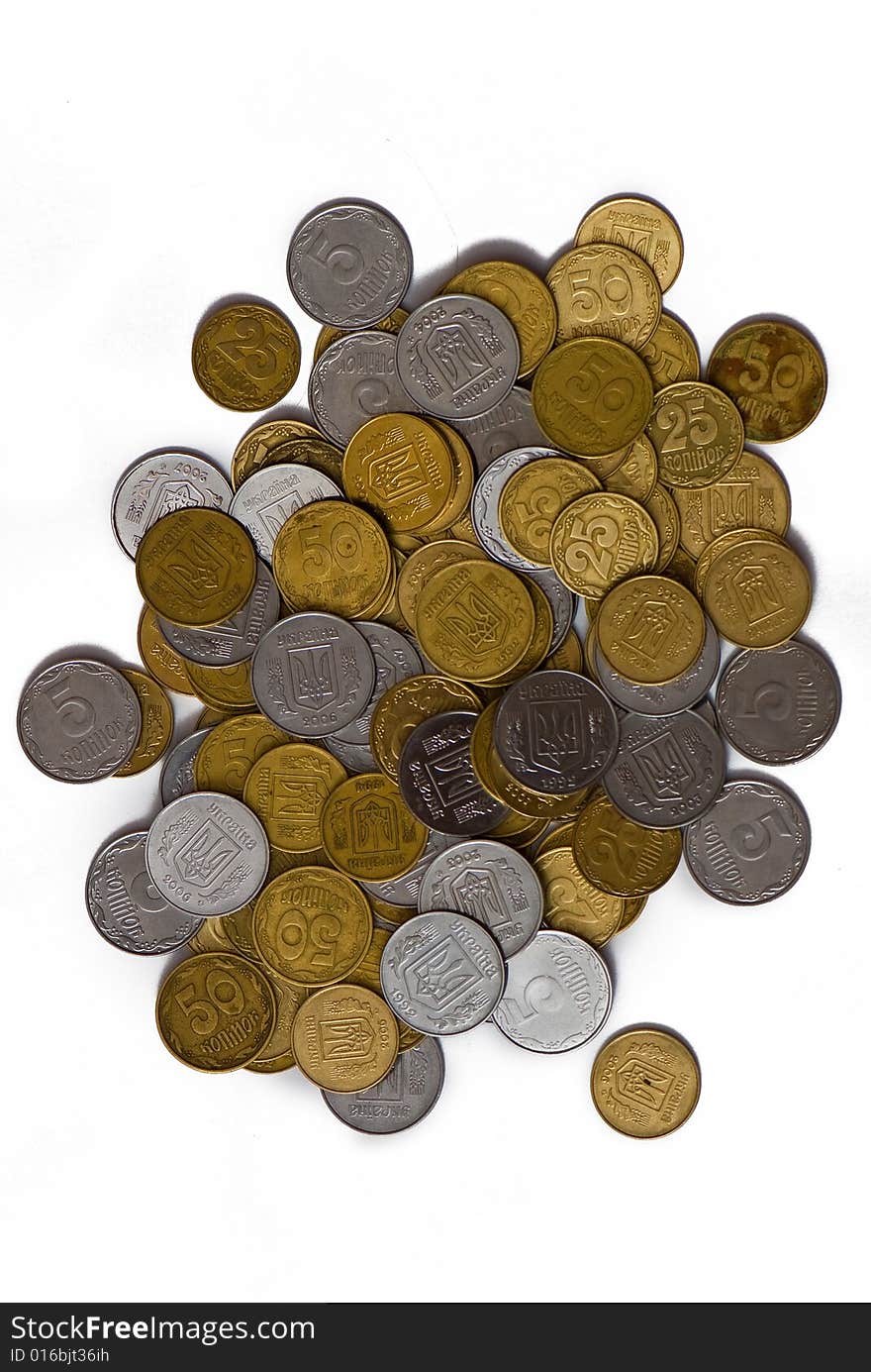 Different coins of Ukraine on a white background