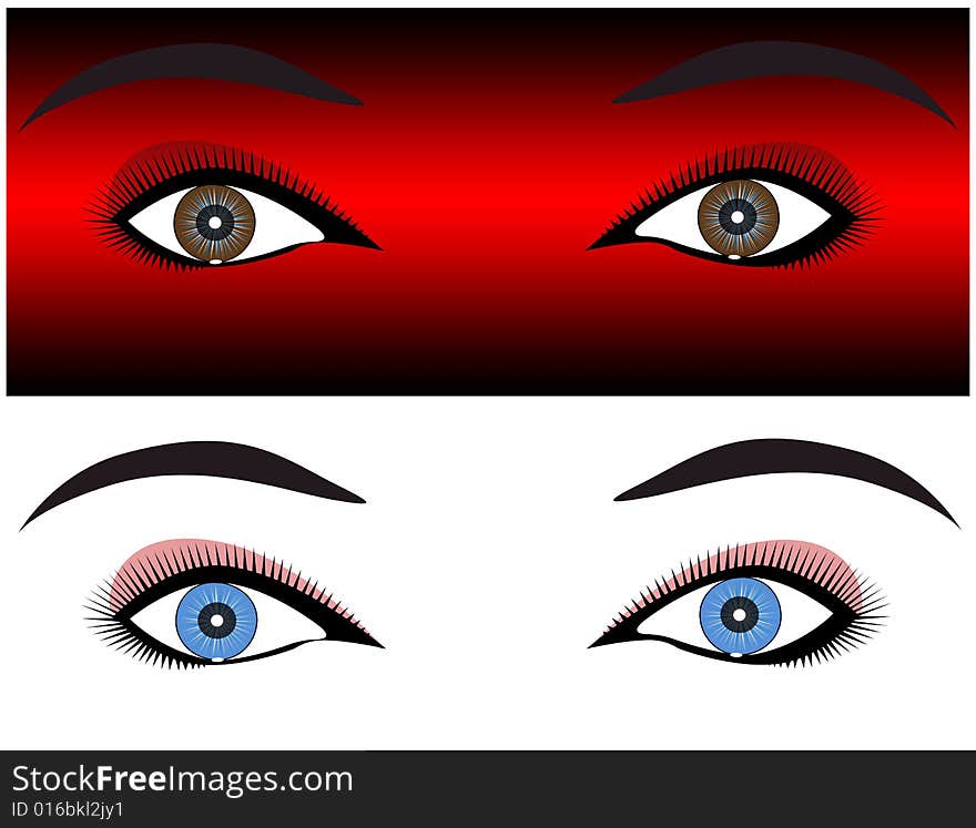 Magic pair of eyes watching the viewer,  illustration on the red and white background