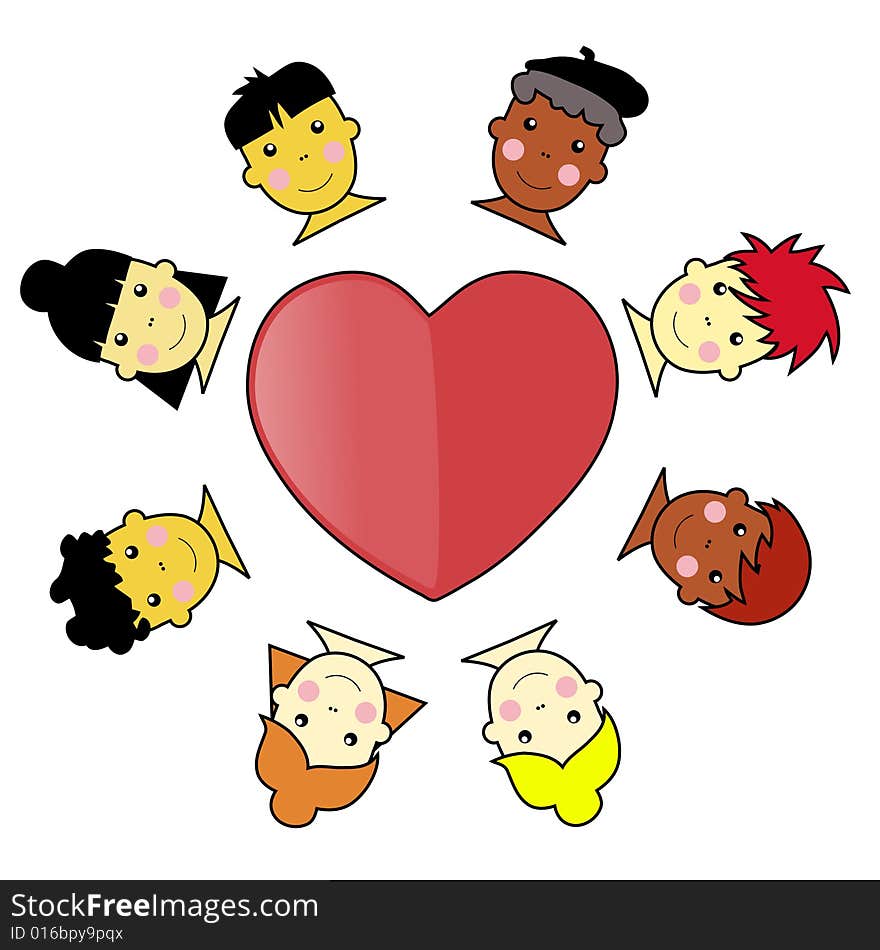 Multicultural Kid Faces United Around Heart Illust