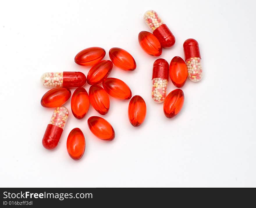 Drugs and pills on white background