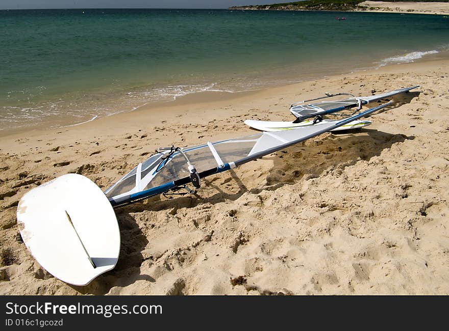 Windsurfing on the beach in spain