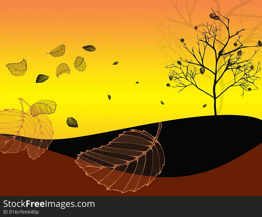 Autumn illustration of tree with leaves blowing in the wind. Autumn illustration of tree with leaves blowing in the wind