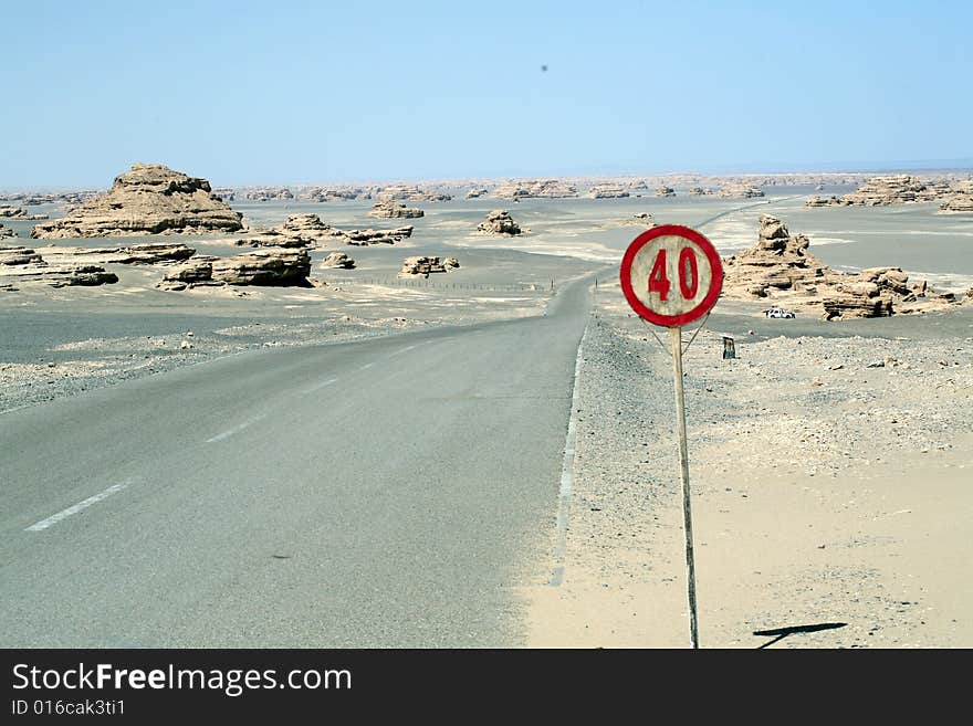 Yadan landforms- The world Geologic Garden on the Desert which is the lmmense in Scale. the most perfect in their shapes and the richest in intension in the world.
Yadan landform and road in the GObi desert ,40 Speed limit signs,dunhuang  china ,