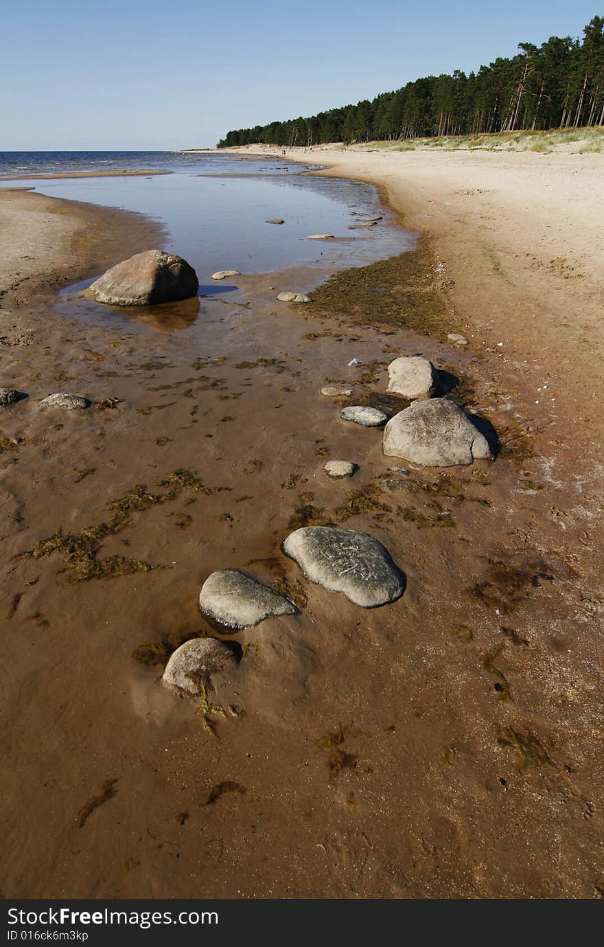 Wide angle beach view with some rocks