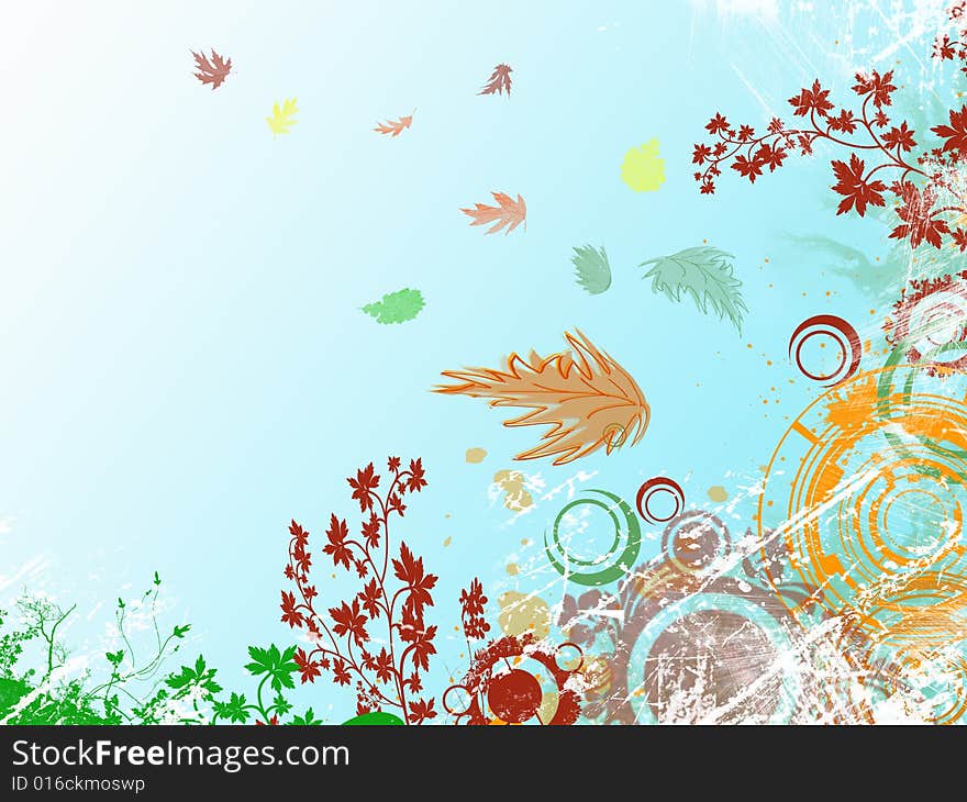 Autumn abstract illustration with leaves and scrolls