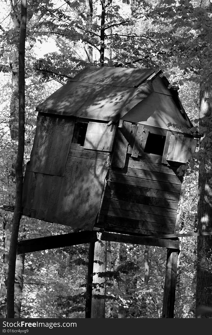 Little wooden house up in the trees at night. Little wooden house up in the trees at night