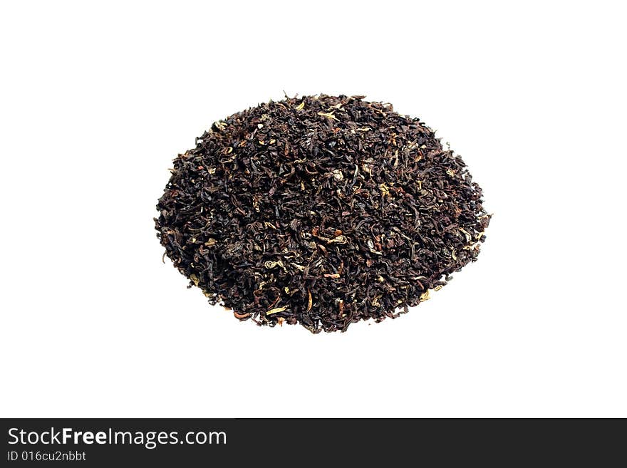 Black tea leaves on white baskground.