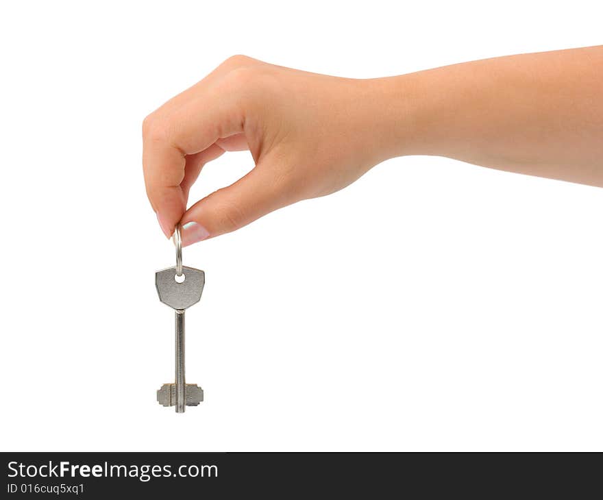 Hand giving key isolated on white background