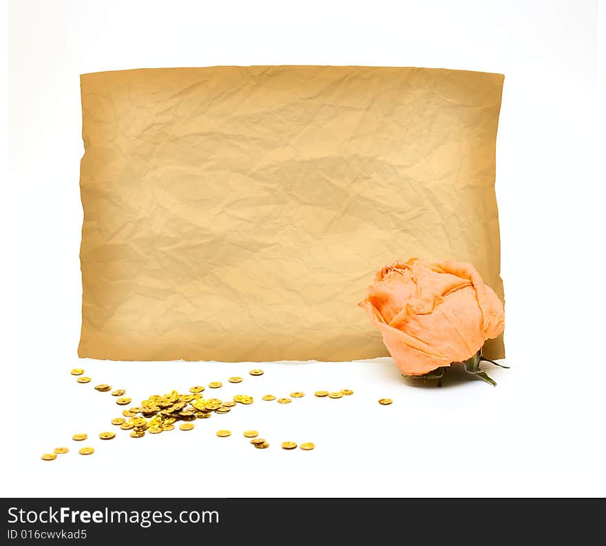 Grunge paper and dry rose isolated on white