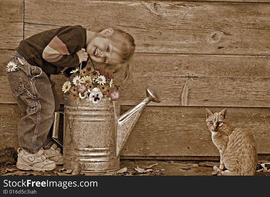 Little girl with her pet cat in sepia tones. Little girl with her pet cat in sepia tones.