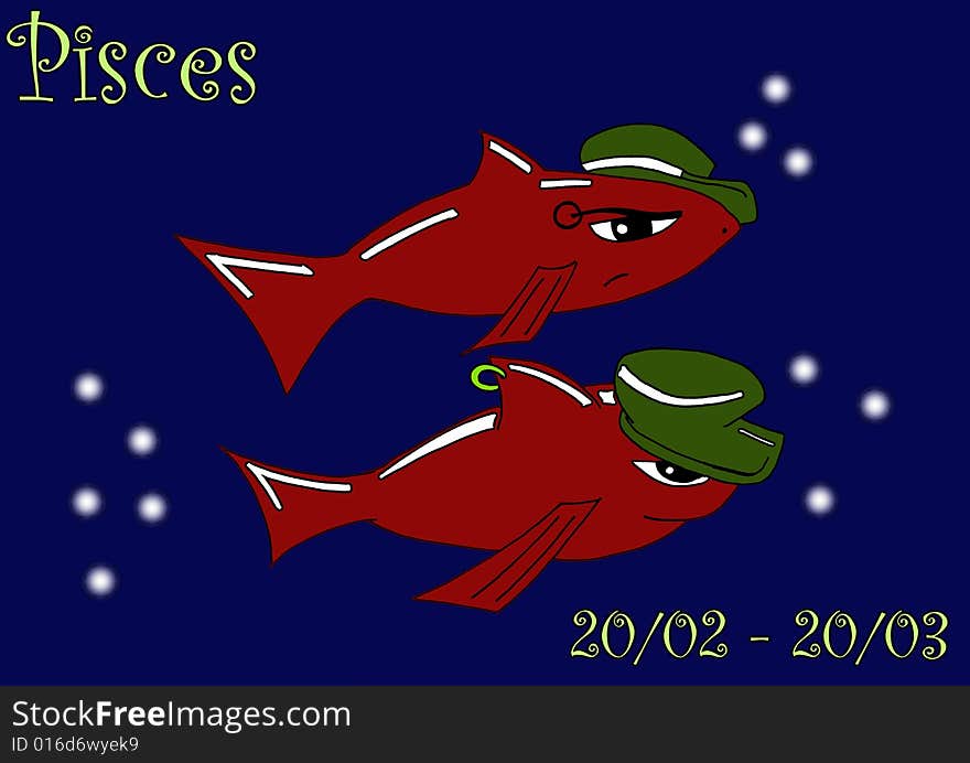 A series of illustrations that represents the zodiacal signs. this illustration represents the sign of pisces, through two fishes-hooligans. It's better don't meet those animal when we are swimming: it could be dangerous.