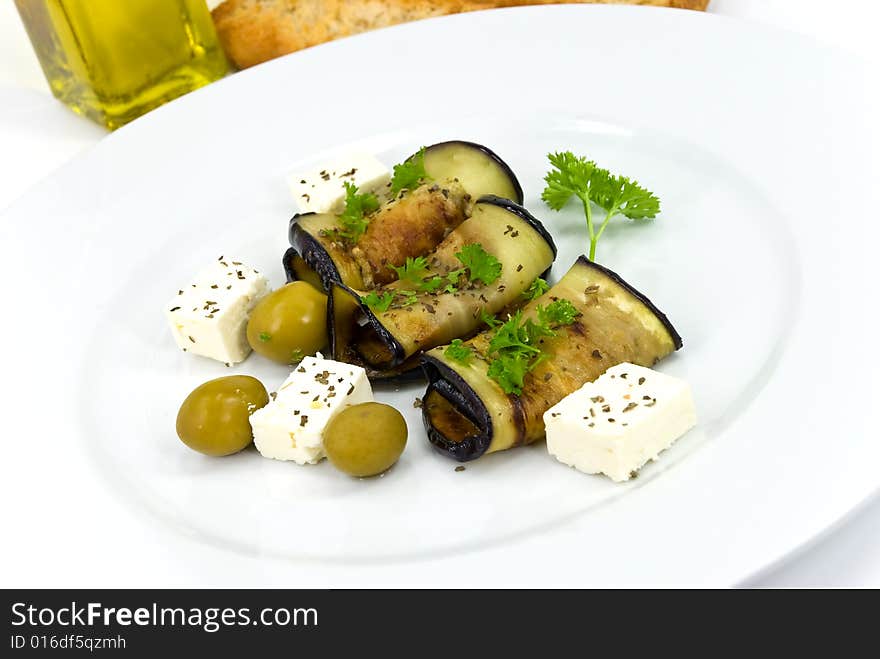 Roasted slices of eggplant,chestnuts,vegetable,che