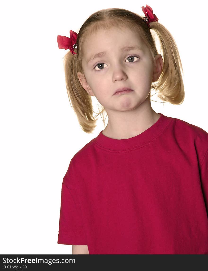 Little girl dressed in red making faces expressions. Little girl dressed in red making faces expressions