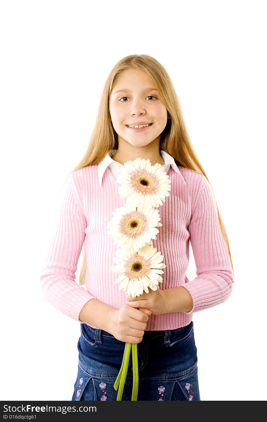 Girl with flower isolated on white