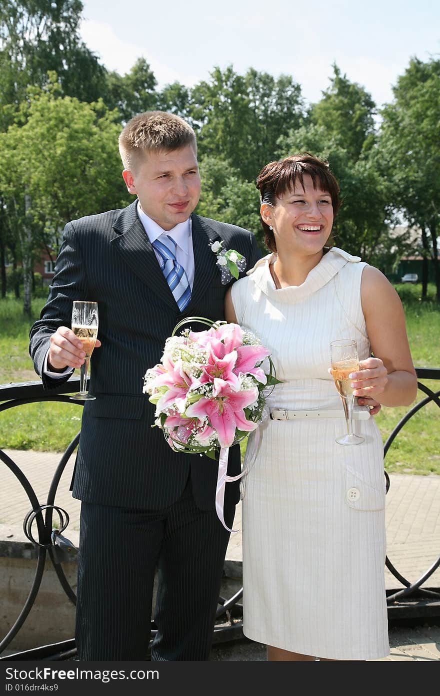 Newly-married couple on the bridge