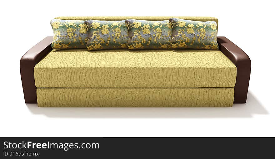 Big modern yellow sofa with four flower decorated pillows on white background