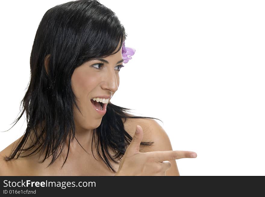 Smiling lady indicating side with white background