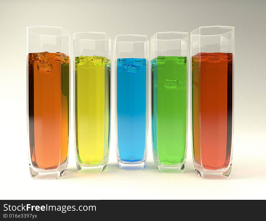 5 glasses with coloured liquids