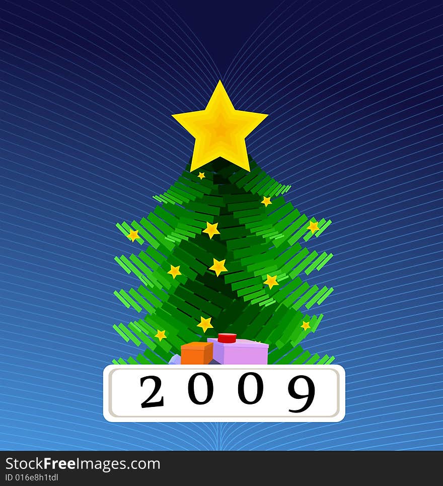 Vector christmas tree illustration on blue background