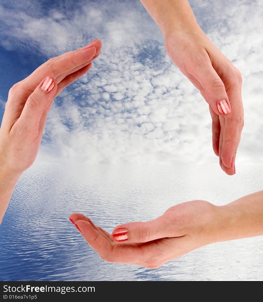 recycling symbol made from hands - sky and ocean as a background