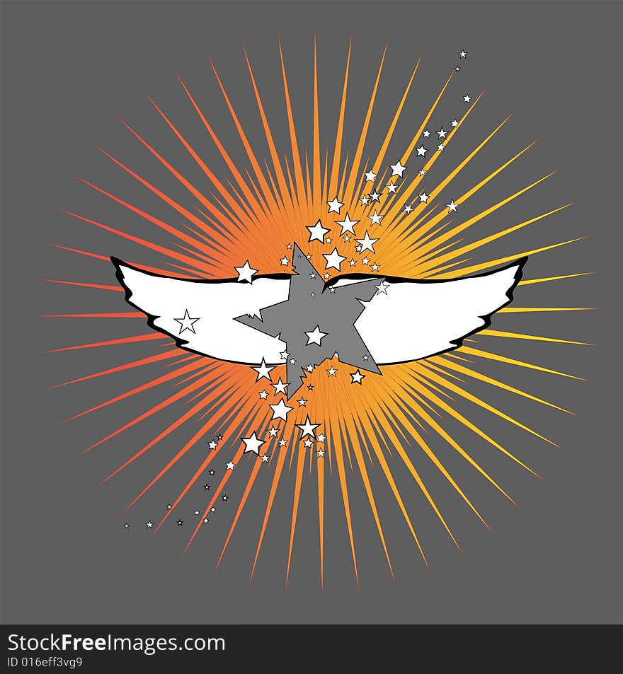 Star on background wings and the sun. Star on background wings and the sun