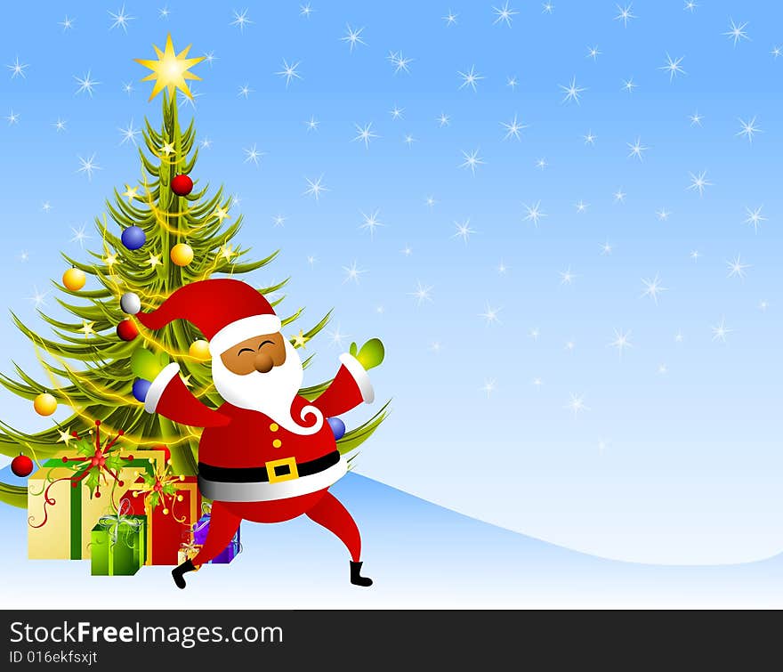 An illustration featuring an African American Santa Claus, gifts and decorated Christmas tree wth blue sparkled space for content. An illustration featuring an African American Santa Claus, gifts and decorated Christmas tree wth blue sparkled space for content