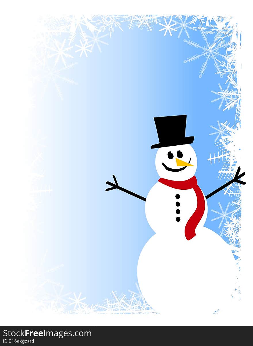 An illustration featuring a smiling snowman sitting in the snow against blue snowy border. An illustration featuring a smiling snowman sitting in the snow against blue snowy border