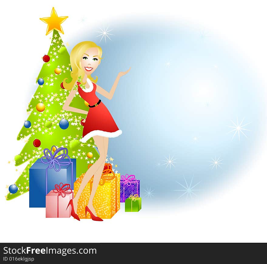 An illustration featuring a woman wearing a festive little red dress standing in front of trees and gifts with hand raised presenting something. This version is more isolated and offers a blue oval content area. An illustration featuring a woman wearing a festive little red dress standing in front of trees and gifts with hand raised presenting something. This version is more isolated and offers a blue oval content area.