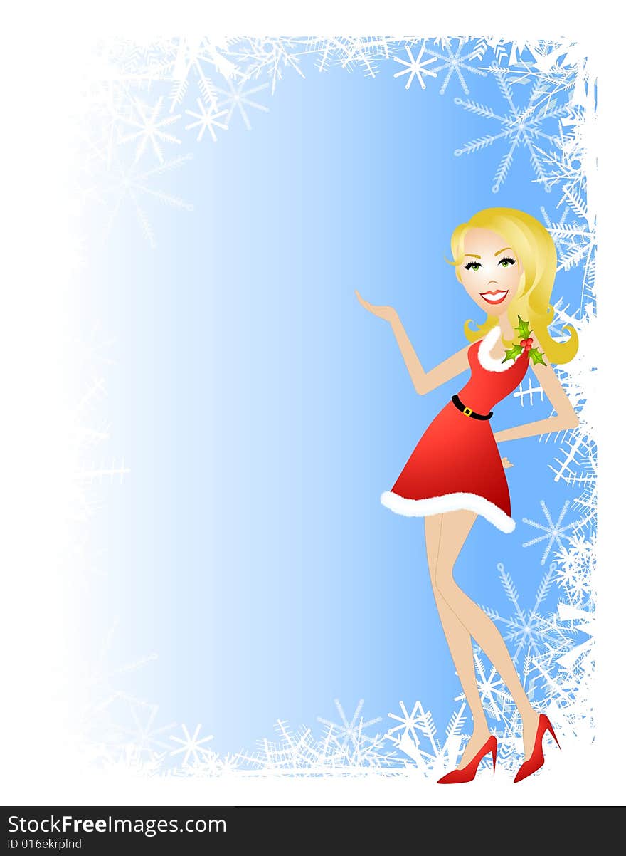 An illustration featuring a woman wearing a festive little red dress standing in front of  a snowflake border with gradient blue. An illustration featuring a woman wearing a festive little red dress standing in front of  a snowflake border with gradient blue.