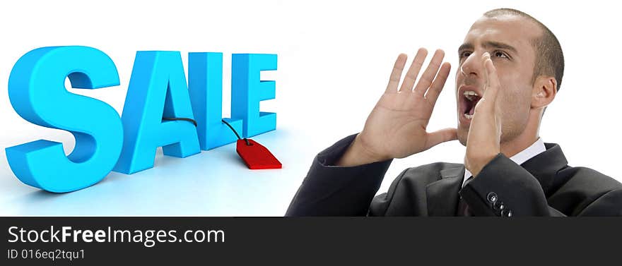 Three dimensional sale text with tag and shouting man on an isolated white background