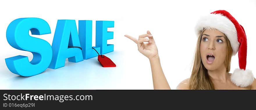 Sexy lady pointing to sale 3d text